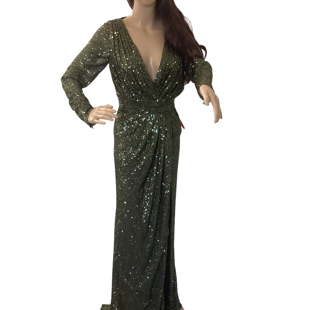 Green Ruched Sequin Gown with Plunge Neckline and 3/4 Bishop Sleeves
